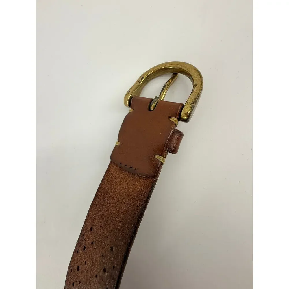 Fossil Leather Belt Perforated Cutout Boho Brass Buckle Brown 41 Inch